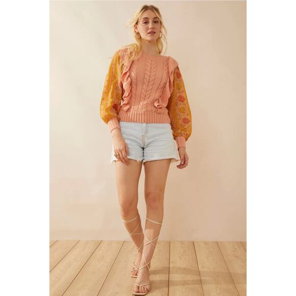 NWT Boutique Boho Peach Ruffled Mixed Media Sweater by Bohera - Picture 2 of 6